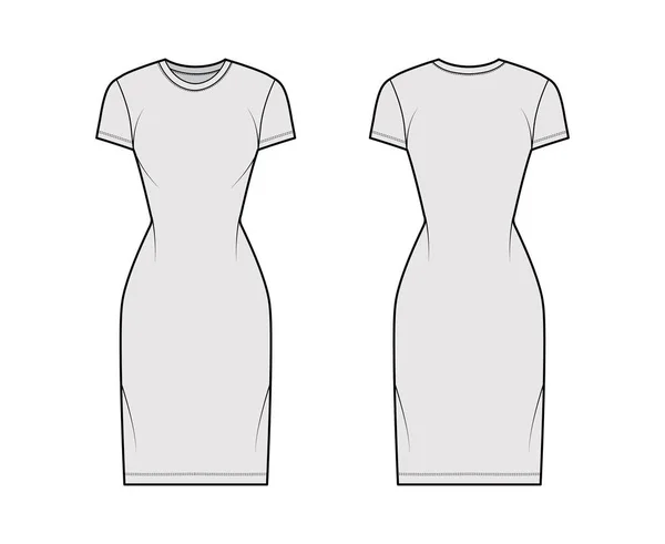 T-Shirt-Kleid technische Mode Illustration mit Rundhalsausschnitt, kurze Ärmel, knielang, schlanke Passform, Bleistift Fülle. Flach — Stockvektor