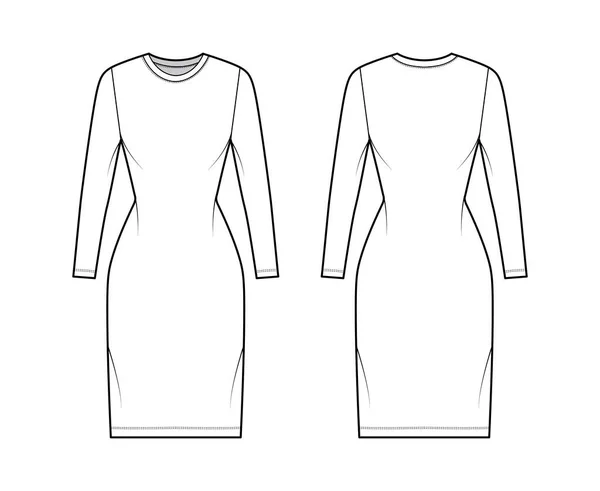 T-shirt robe illustration de mode technique avec col rond, manches longues, longueur du genou, coupe slim, plénitude du crayon. Plat — Image vectorielle