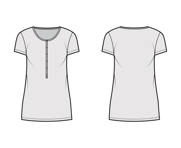 Camisa vestido mini técnica moda ilustração com henley pescoço, mangas curtas, oversized, Lápis plenitude, esticar — Vetor de Stock