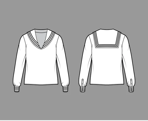 Skjorta middy sjöman kostym teknisk mode illustration med långa ärmar, tunika längd, överdimensionerade. Platt klädsel överdel — Stock vektor