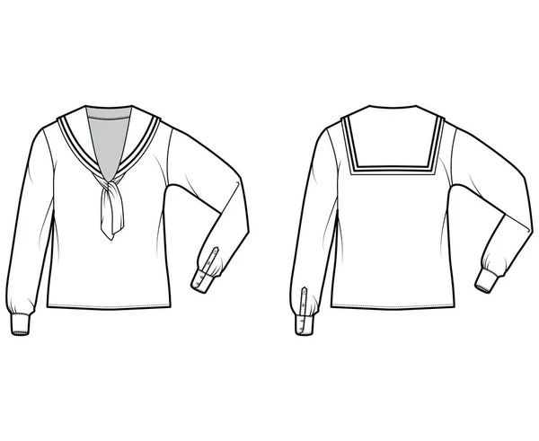 Camicia middy sailor suit illustrazione tecnica di moda con fiocco, maniche lunghe con polsino, lunghezza della tunica, oversize. Piatto — Vettoriale Stock
