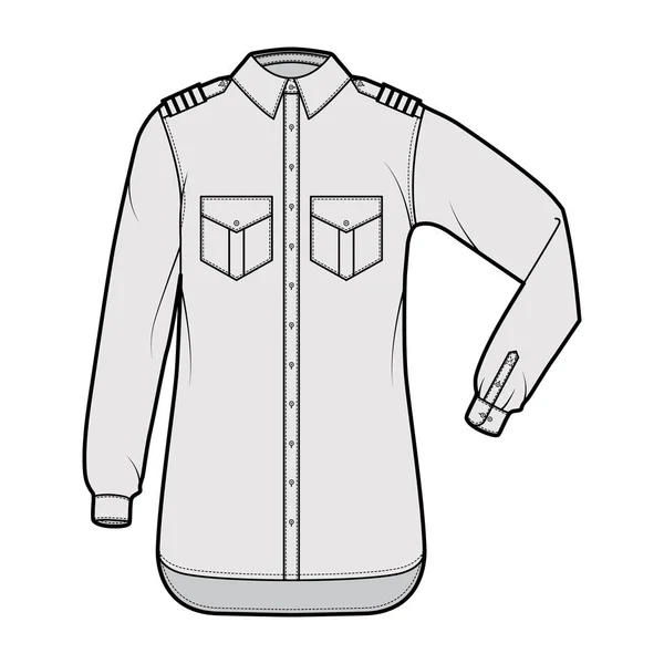 Chemise pilote compagnie aérienne illustration de mode technique avec chevron, coude plié manches longues, poches à rabat inclinées. Plat — Image vectorielle