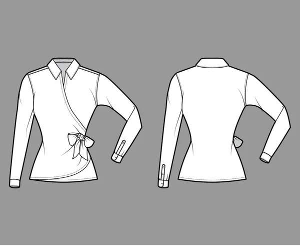 Koszula Wrap techniczne moda Ilustracja z zamknięciem muszki, łokieć składane długie rękawy, klasyczny kołnierz, dopasowany korpus — Wektor stockowy