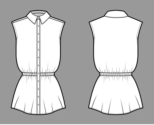 Shirt drawstring gathered waist technical fashion illustration with sleeveless, tunic length, classic collar apparel — Stock Vector