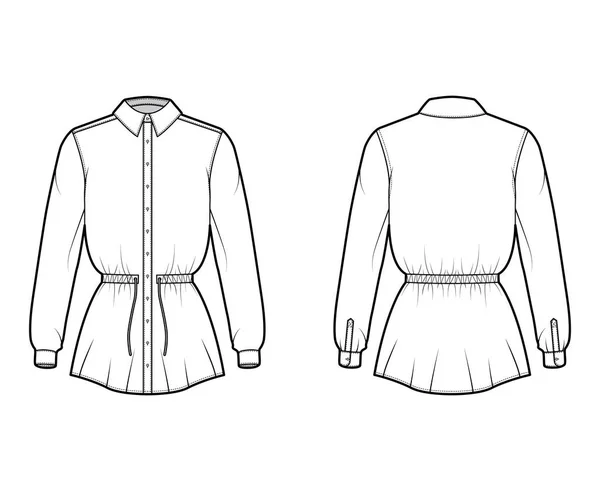 Hemdkordelzug geraffte Taille technische Mode Illustration mit Krawatte, lange Ärmel, Tunika Länge, klassischer Kragen — Stockvektor