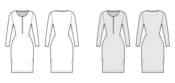 Shirt jurk technische mode illustratie met henley hals, lange mouwen, knie lengte, gemonteerd lichaam, Potlood volheid. — Stockvector