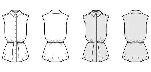 Camisa cordón cintura reunida técnica moda ilustración con corbata, sin mangas, longitud de la túnica, cuello clásico — Archivo Imágenes Vectoriales
