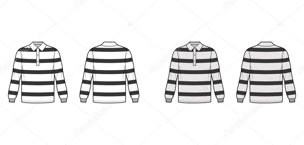 Shirt rugby technical fashion illustration with long sleeves, tunic length, henley neck, oversized, flat collar. Apparel