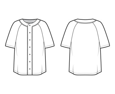 Gömlek beyzbol düğmesi öne teknik moda illüstrasyonunda kısa kollu, düğmeli, büyük boy. Düz giysi.