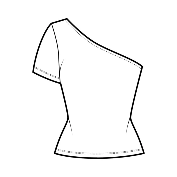 Camiseta de un hombro ilustración técnica de moda con manga corta, corte delgado, jersey elástico Ropa plana outwear superior — Vector de stock