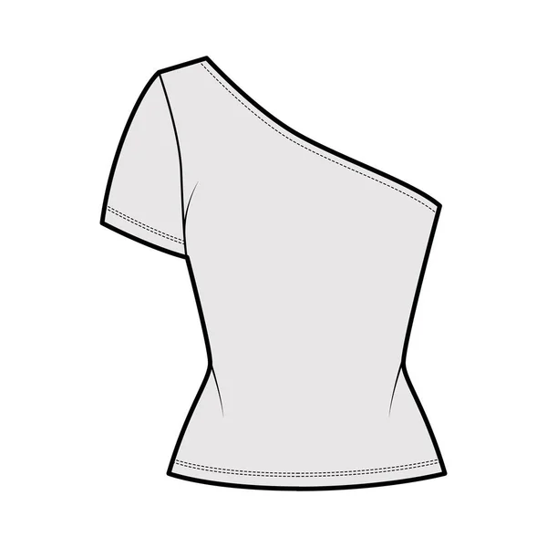 T-shirt monospalla illustrazione tecnica di moda con manica corta, slim fit, jersey stretch Abbigliamento piatto top outwear — Vettoriale Stock