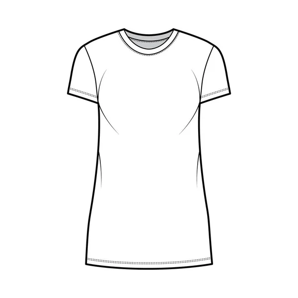 T-shirt robe illustration de mode technique avec col rond, manches courtes, mini longueur, surdimensionné, plénitude crayon Plat — Image vectorielle