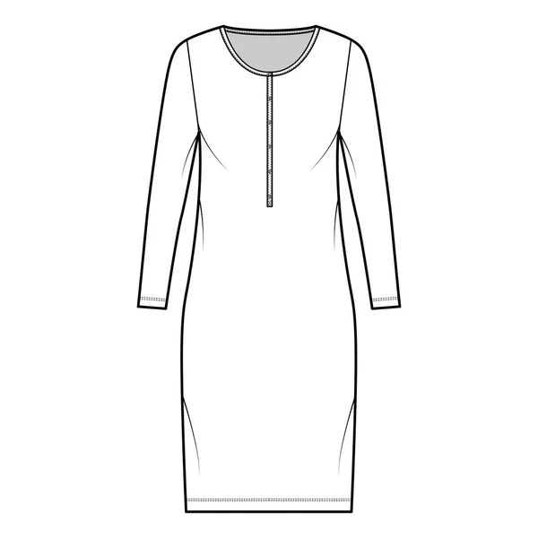Shirt dress technical fashion illustration with henley neck, long sleeves, knee length, oversized, Pencil fullness. Flat — Stock Vector