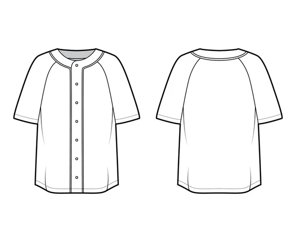 셔츠 야구 단추 앞쪽의 기술적 패션 일러스트는 라 글 란의 짧은 소매로, 단추를 위로, 지나치게 크다. 평신도 의상 — 스톡 벡터