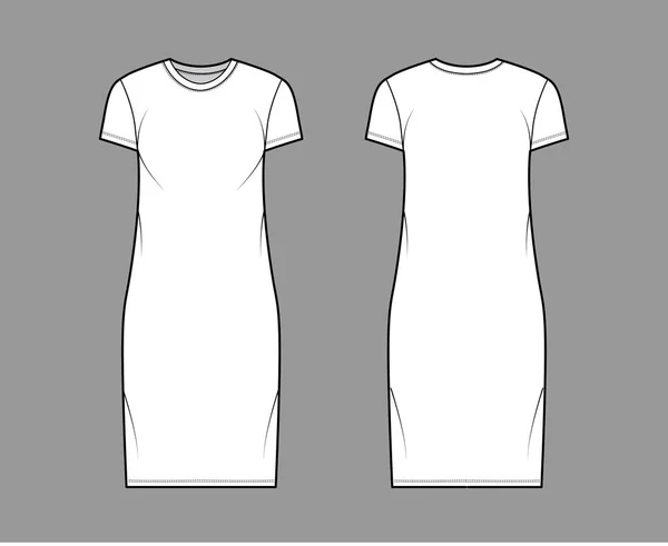 T-shirt vestido técnico moda ilustração com tripulação pescoço, mangas curtas, comprimento do joelho, oversized, Plenitude lápis. —  Vetores de Stock