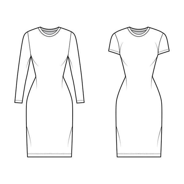 Комплект футболки платья техническая мода иллюстрация с шеей экипажа, короткие и длинные рукава, длина колена, тонкая посадка, — стоковый вектор