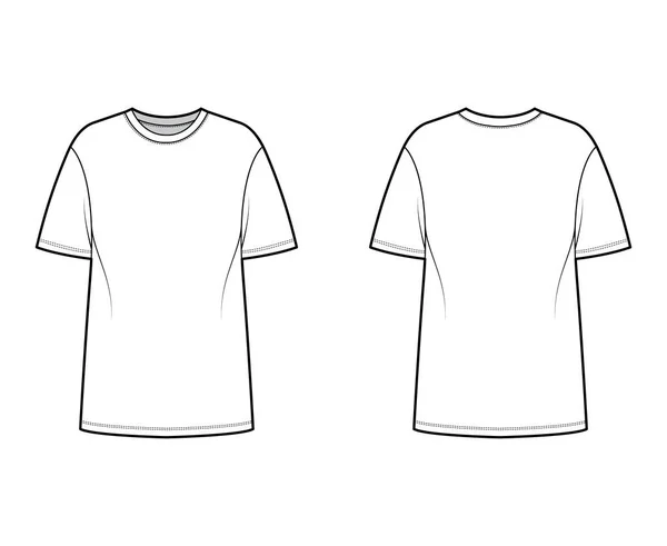 Camiseta de gran tamaño ilustración técnica de moda con mangas cortas, cuello redondo, hombro caído, dobladillo alargado. Plano — Vector de stock
