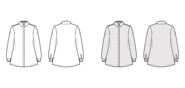 Tişört trapezi teknik tasviri dirsek katlanmış uzun kollu, manşetli, klasik normal yakalı, büyük boyutlu.