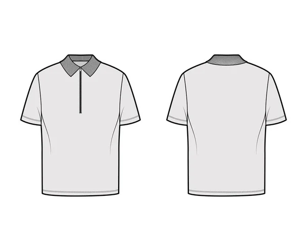 Skjorta zip polo teknisk mode illustration med korta ärmar, tunika längd, henley hals, oversized, platt sticka krage — Stock vektor