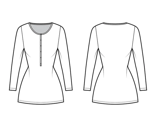 Рубашка платье мини техническая мода иллюстрация с Хенли шею, длинные рукава, оснащенный тело, карандаш полноты, растяжение — стоковый вектор