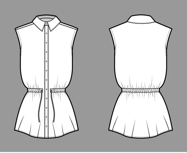 Shirt drawstring gathered waist technical fashion illustration with tie, sleeveless, tunic length, classic collar — Stock Vector