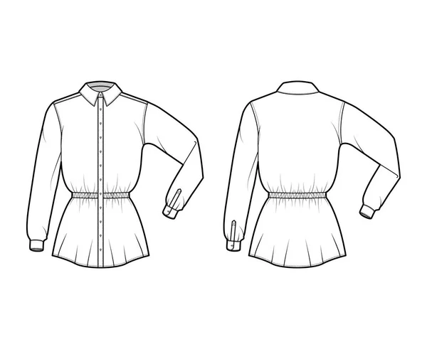 Skjorta dragsko samlade midjan teknisk mode illustration med vikta långa ärmar, tunika längd, klassisk krage — Stock vektor
