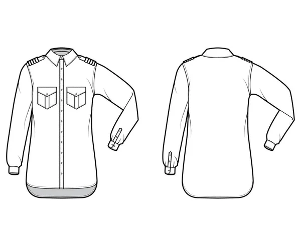 Camisa piloto companhia aérea técnica de moda ilustração com chevron, cotovelo dobrado mangas compridas, bolsos de aba angular. Plano — Vetor de Stock