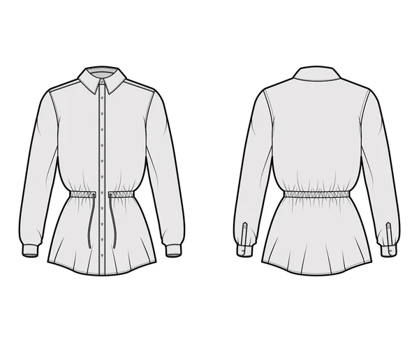 Skjorta dragsko samlade midjan teknisk mode illustration med slips, långa ärmar, tunika längd, klassisk krage — Stock vektor