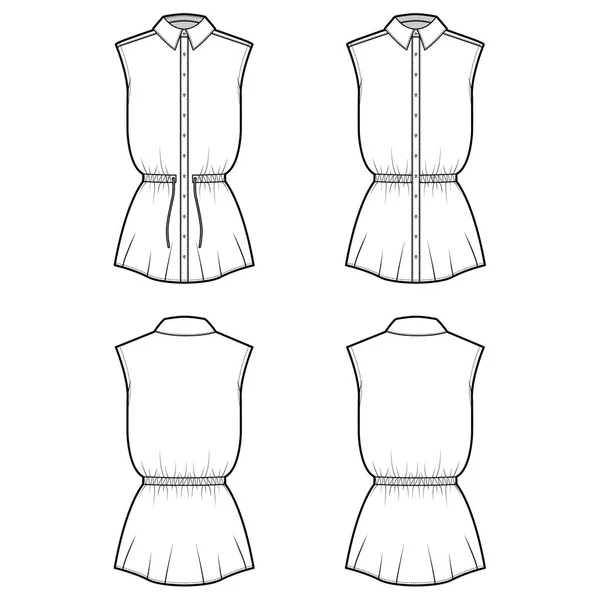 Conjunto de camisa cordão reuniu cintura técnica moda ilustração com mangas, comprimento túnica, colarinho clássico plana — Vetor de Stock