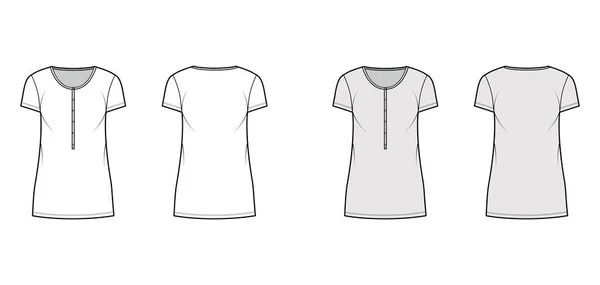Tričko šaty mini technické módní ilustrace s henley krku, krátké rukávy, oversized, tužka plnost, stretch — Stockový vektor