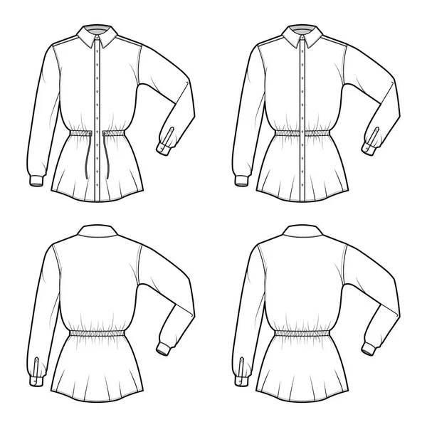 Conjunto de cordón de camisa cintura reunida ilustración técnica de moda con mangas dobladas, longitud de la túnica, cuello clásico — Vector de stock
