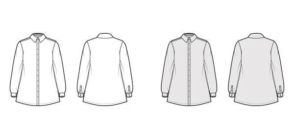 Hemdtrapez technische Mode Illustration mit Ellbogen gefalteten langen Ärmeln mit Manschette, klassischer regulärer Kragen, Übergröße — Stockvektor