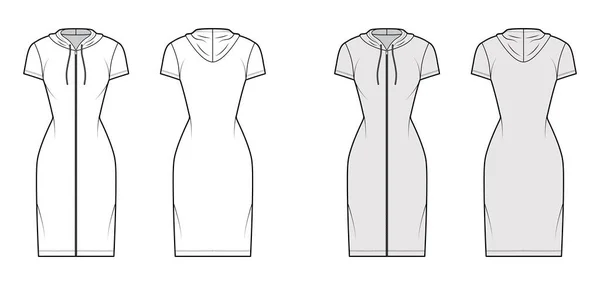Hoodie zip-up φόρεμα τεχνική εικόνα μόδας με κοντά μανίκια, γόνατο, μίνι μήκος, εξοπλισμένο σώμα, Μολύβι πληρότητα. — Διανυσματικό Αρχείο