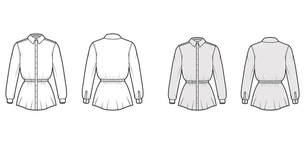 Camisa cordón cintura reunida técnica moda ilustración con mangas largas, longitud de la túnica, cuello clásico — Vector de stock