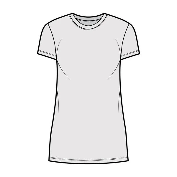 T-shirt jurk technische mode illustratie met bemanning nek, korte mouwen, mini lengte, oversized, Potlood volheid Flat — Stockvector