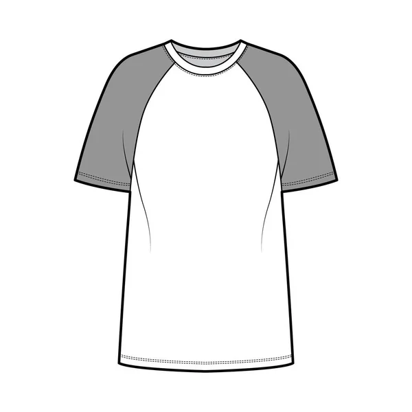 T-shirt baseball illustration de mode technique avec manches courtes raglan, longueur tunique, col rond, vêtements surdimensionnés — Image vectorielle