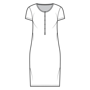 Henley yakalı, kısa kollu, diz boyu, büyük boy, kalem dolgunluğu olan tişört giysisi.