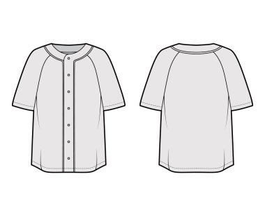 Gömlek beyzbol düğmesi öne teknik moda illüstrasyonunda kısa kollu, düğmeli, büyük boy. Düz giysi.