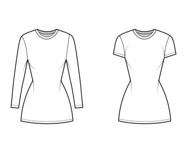 Bir takım tişörtler teknik moda illüstrasyonunu, kısa ve uzun kollu, mini uzunluklu, ince formalı giyer.