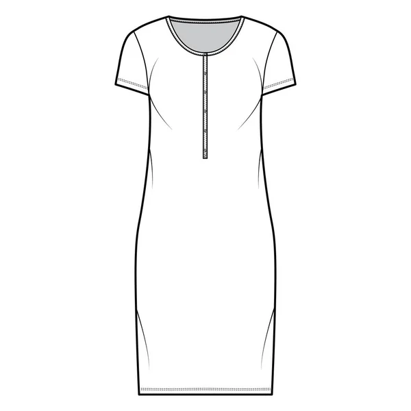 Camisa vestido técnico moda ilustração com henley pescoço, mangas curtas, comprimento do joelho, oversized, Lápis plenitude plana — Vetor de Stock