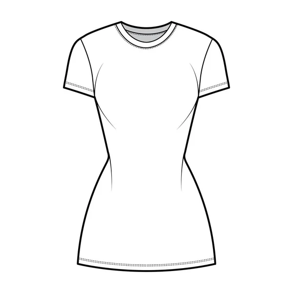 T-shirt vestido técnico de moda ilustração com pescoço da tripulação, mangas curtas, mini comprimento, ajuste fino, plenitude lápis. Plano — Vetor de Stock