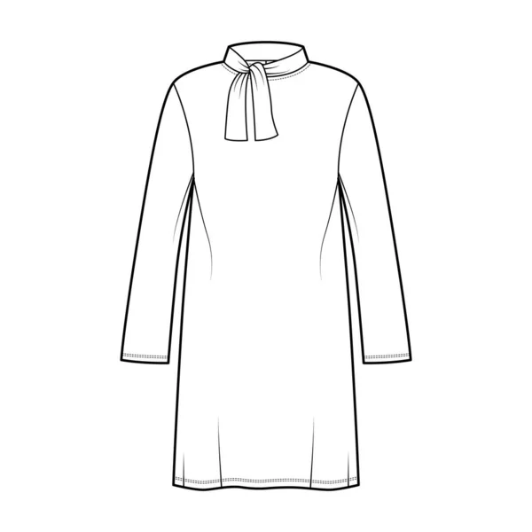 Tunic πουλόβερ τεχνική απεικόνιση μόδας με γραβάτα stand-away γιακά, μακριά μανίκια, υπερμεγέθης, γόνατο μήκος μέτρια — Διανυσματικό Αρχείο