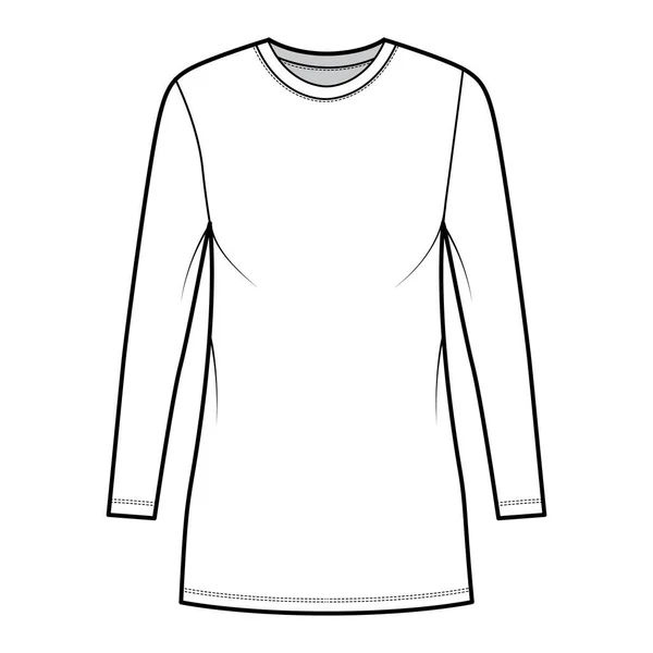 T-Shirt-Kleid technische Mode Illustration mit Rundhalsausschnitt, lange Ärmel, Mini-Länge, Übergröße, Bleistift Fülle. Flach — Stockvektor