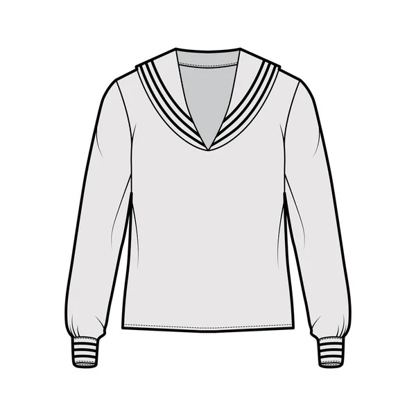 Skjorta middy sjöman kostym teknisk mode illustration med långa ärmar, tunika längd, överdimensionerade. Platt klädsel överdel — Stock vektor