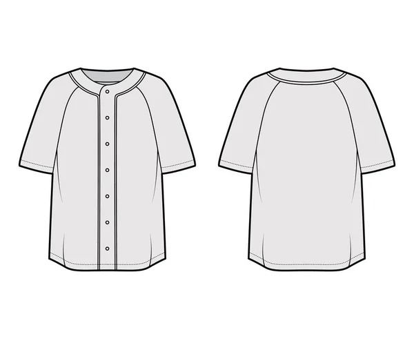 Hemd baseball button front technische modeillustration mit raglan kurzärmeln, knopf auf, überdimensioniert. Flache Kleidung — Stockvektor