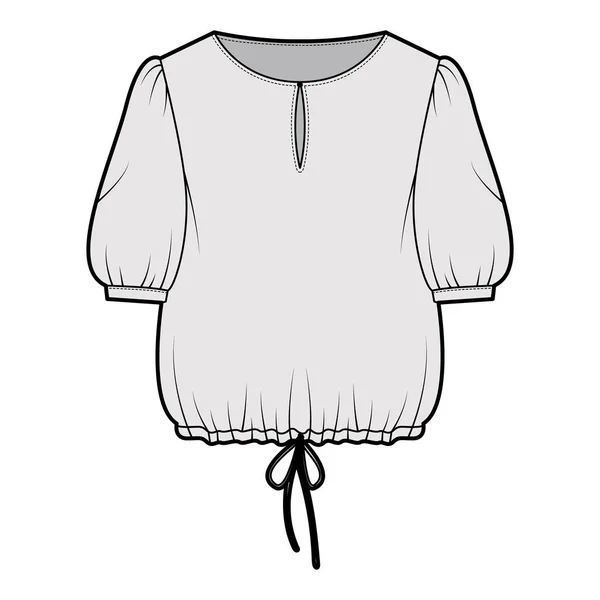 Blouse bijgesneden trekkoord technische mode illustratie met schep nek, elleboog mouwen, slash knop openen, oversized — Stockvector