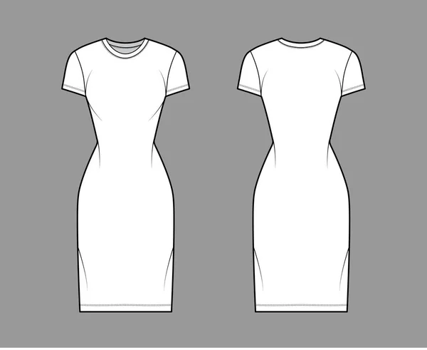 T-shirt klänning teknisk mode illustration med besättning hals, korta ärmar, knälängd, smal passform, Penna fullhet. Platt — Stock vektor