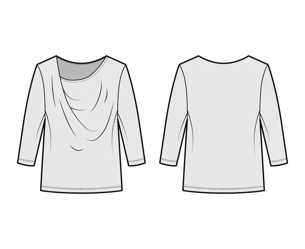 T-Shirt drapeado ilustração de moda técnica com mangas compridas, comprimento túnica, oversized. Roupa blusa top outwear — Vetor de Stock