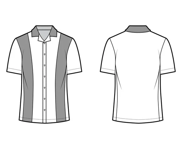 Camisa de bolos ilustración técnica de moda con mangas cortas, cuello abierto, longitud de la túnica, ropa uniforme de gran tamaño — Vector de stock