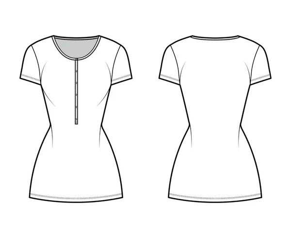 Shirt jurk mini technische mode illustratie met henley hals, korte mouwen, passende body, Potlood volheid, stretch — Stockvector